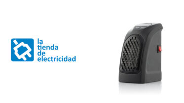 Calefactor enchufable moderno junto al logo de la tienda online