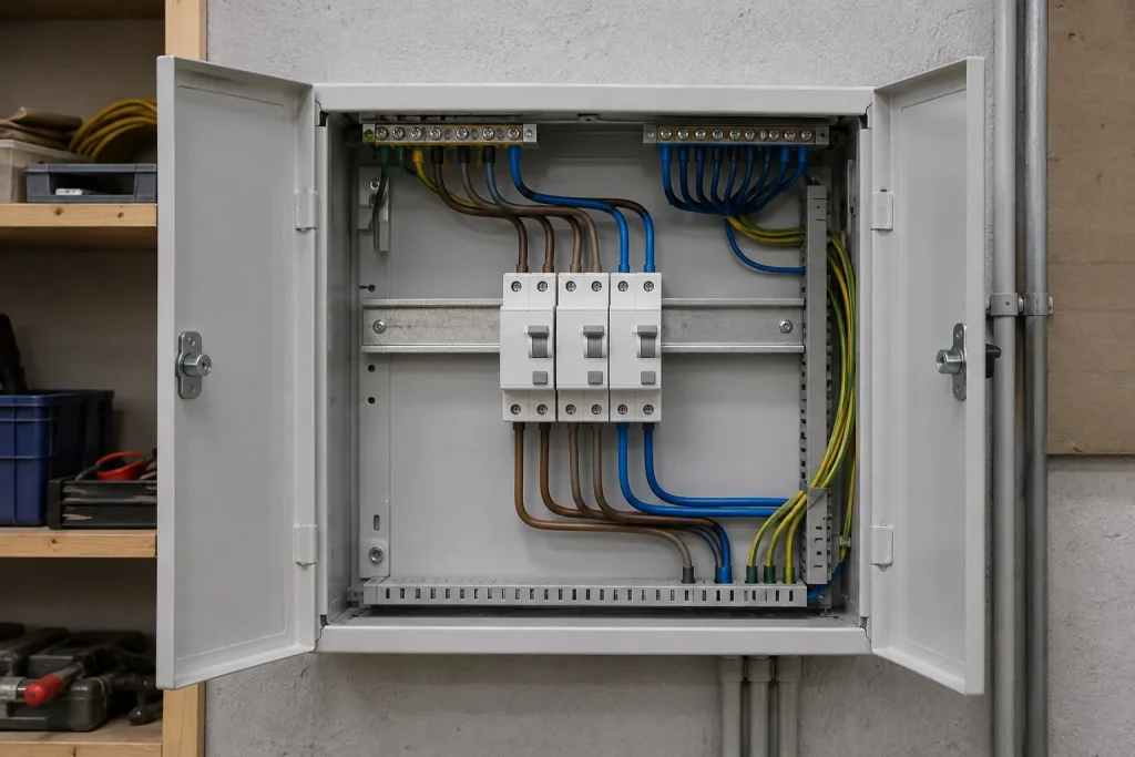 Cuadro eléctrico abierto con tres diferenciales modulares cableados